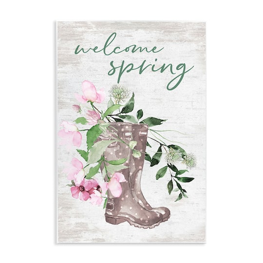 Stupell Industries Welcome Spring Seasonal Rain Boots Flower Arrangement Canvas Wall Art